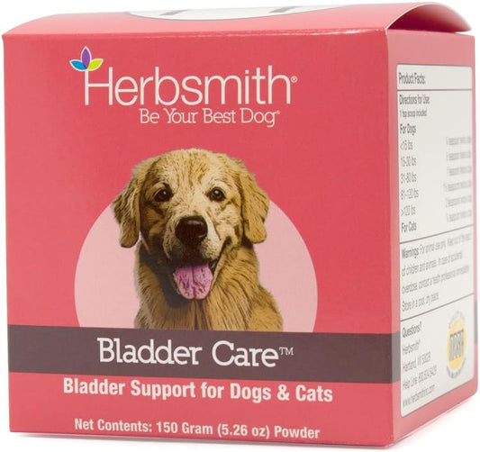 A salmon-colored box of Herbsmith Bladder Care Supplement powder for dogs, depicting a Golden Retriever-type dog