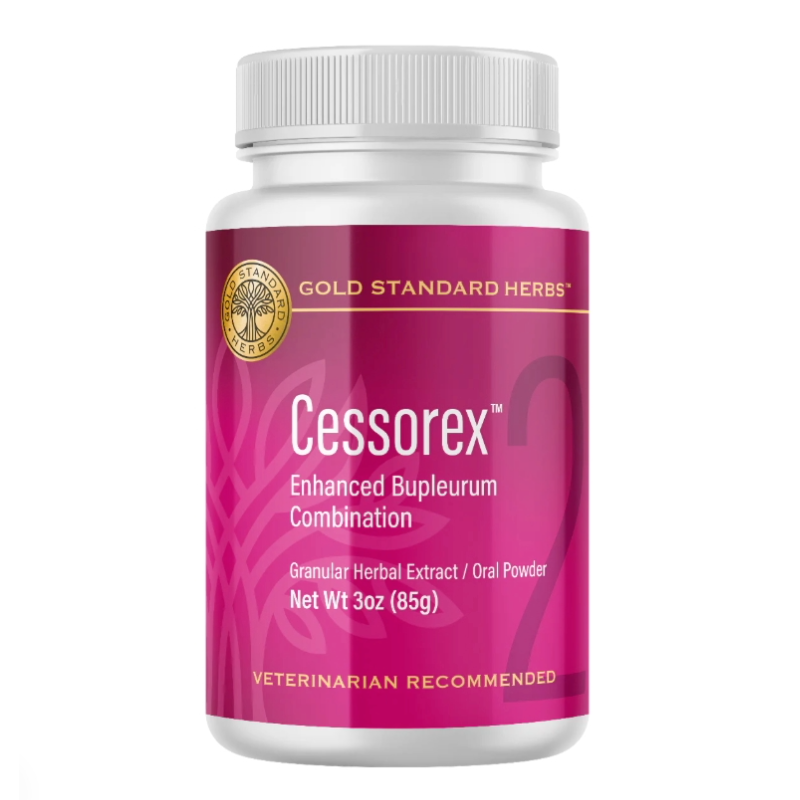 a white bottle of Cessorex Canine immune support supplement powder with hot pink label
