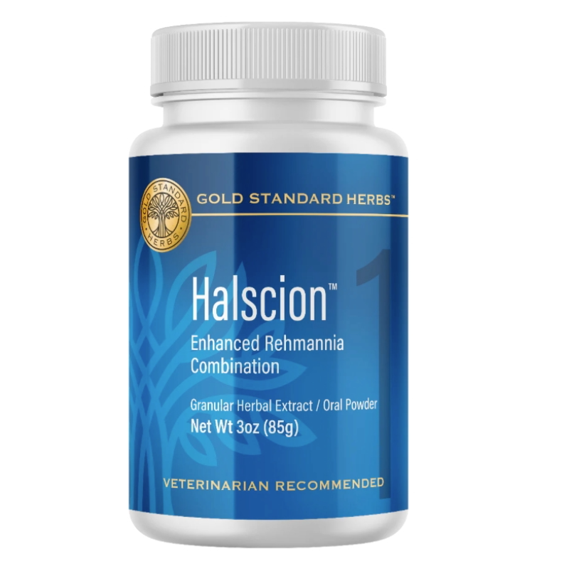 a white bottle of Halscion canine cognitive supplement powder, with a blue label