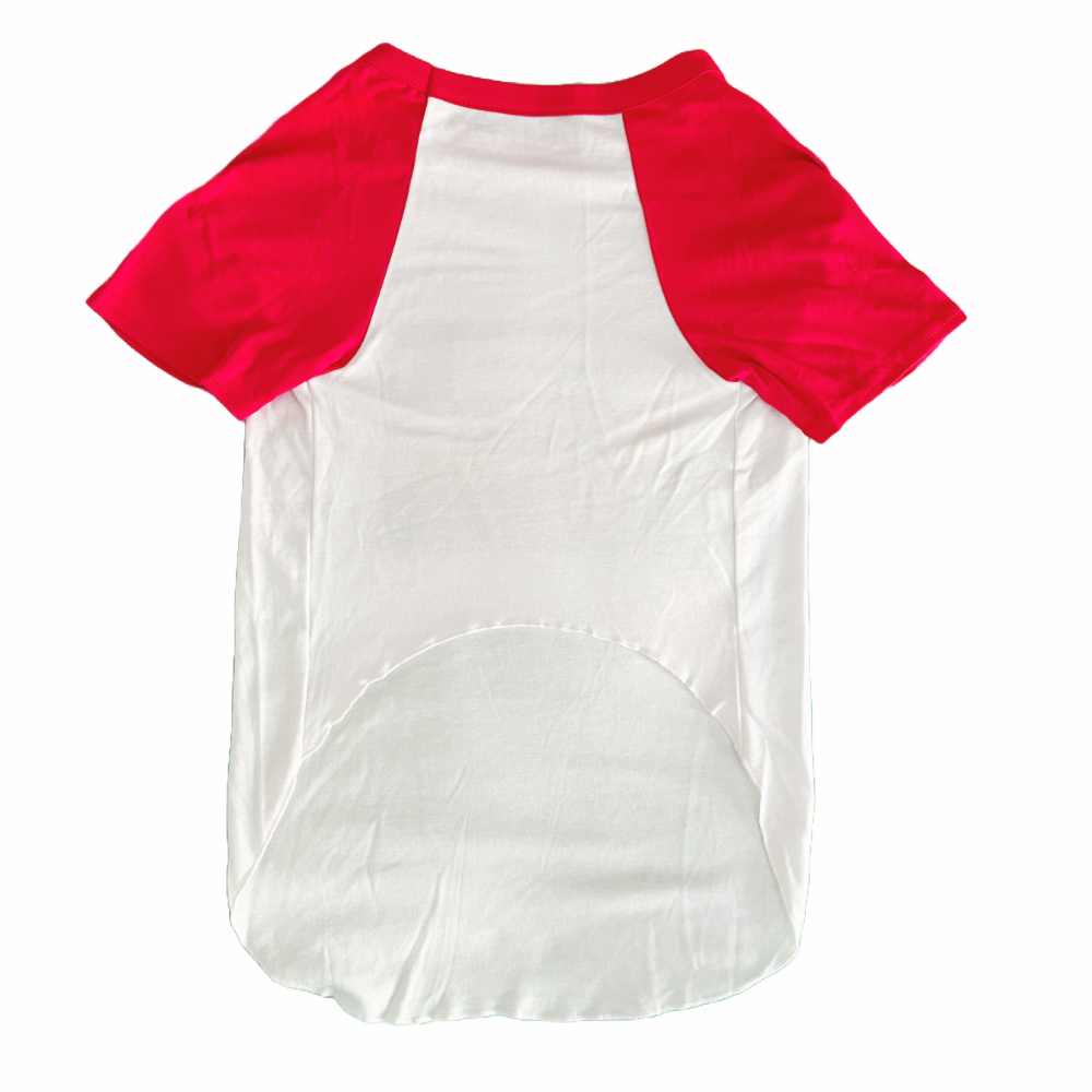 the underside of a white dog t shirt with red pitching sleeves