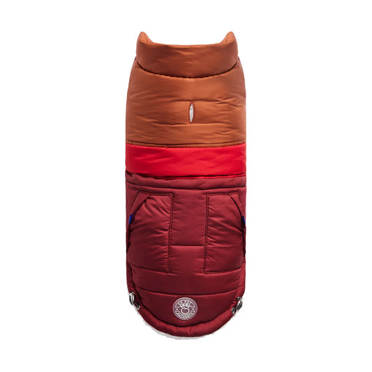 A dark red, light red and caramel colored Puffer jacket for dogs