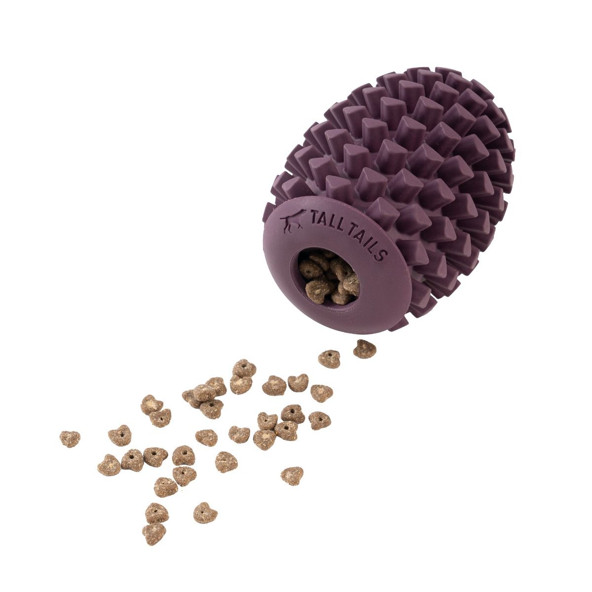 ia brown pine cone-shaped foraging toy for dogs with kibble spilling out of an opening at one end