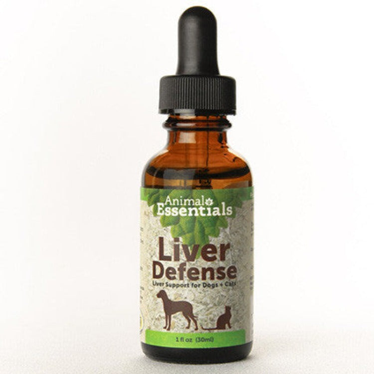Brown glass dropper bottle of liver defense supplement for dogs