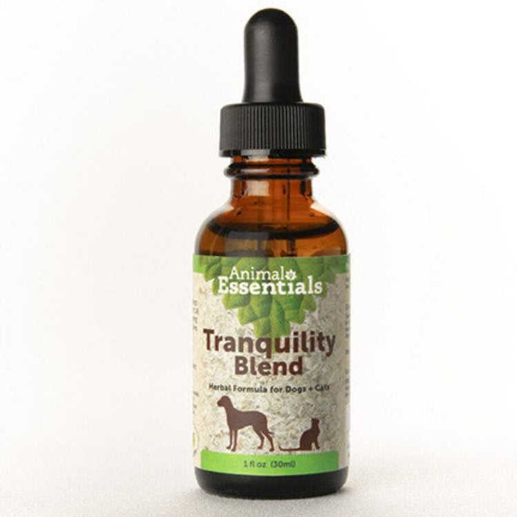 A brown glass dropper bottle of Tranquility Blend supplement for dogs