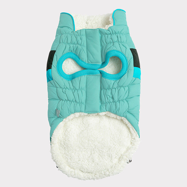 Underside of light aqua puffer jacket for dogs