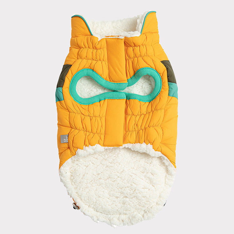 Underside of yellow puffer jacket for dogs