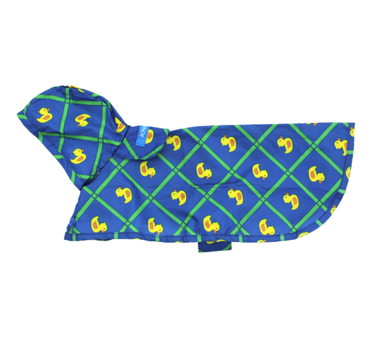 a blue hooded rain poncho for dogs with yellow ducks on it