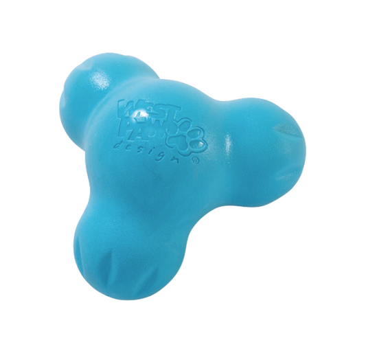 a blue 3-pointed treat dispensing dog toy