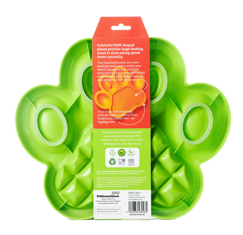 underside of green paw shaped lick mat and slow feeder
