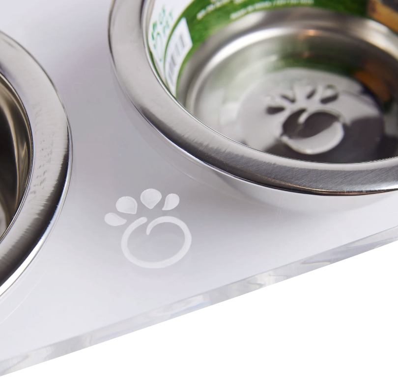 closeup shot of frosted Acrylic Raised Feeder with metal bowls