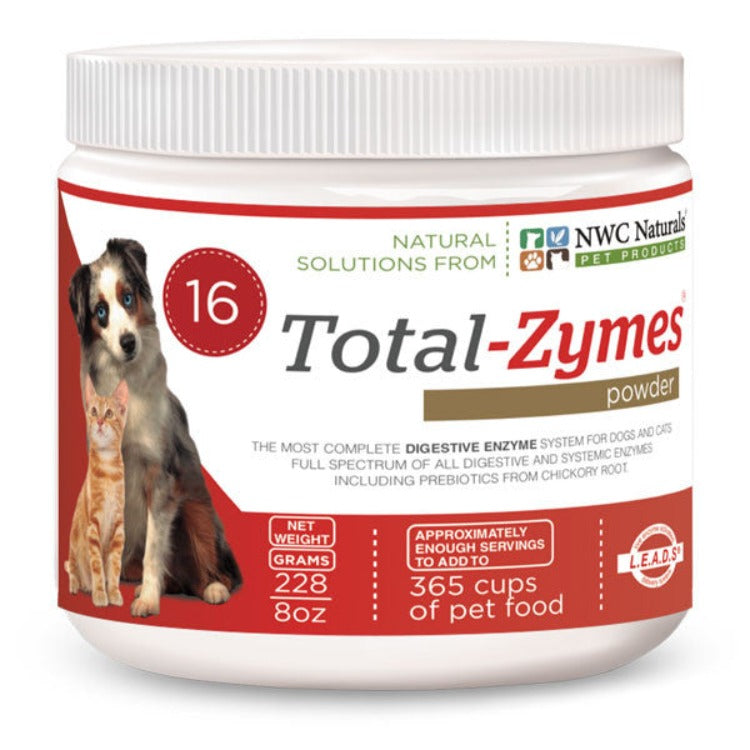 a red and white jar of digestive enzyme powder for dogs