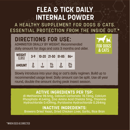 Supplement label for flea and tick daily internal powder for dogs and cats on a brown background.
