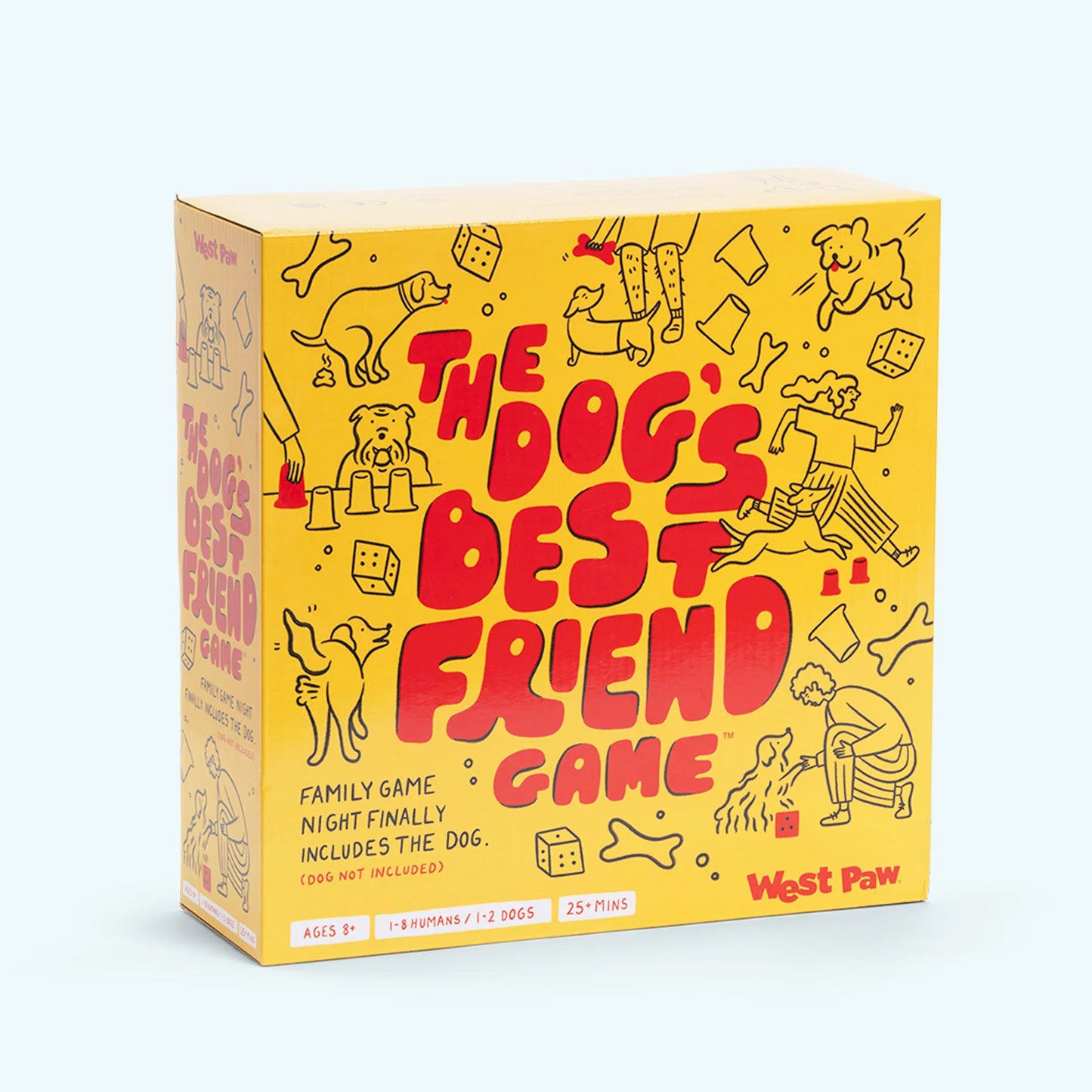 A yellow "The Dog's Best Friend" board game box with red lettering  