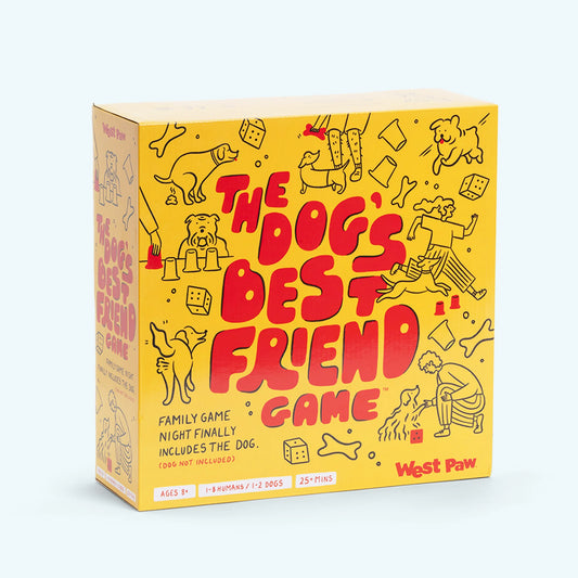 A yellow "The Dog's Best Friend" board game box with red lettering  