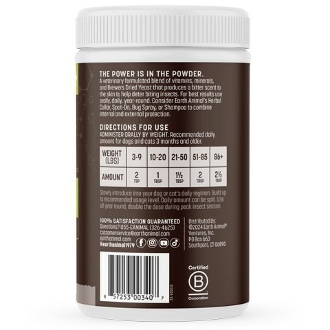 Back label of Earth Animal Powder supplement container with directions for use on a white background