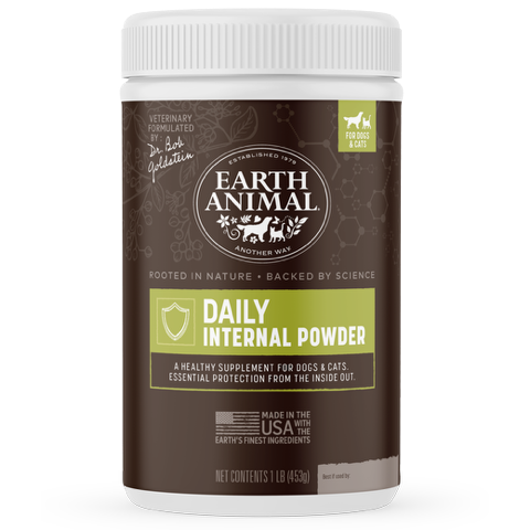 Earth Animal Daily Internal Powder supplement container on a white background