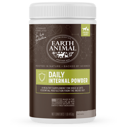 Earth Animal Daily Internal Powder supplement container on a white background
