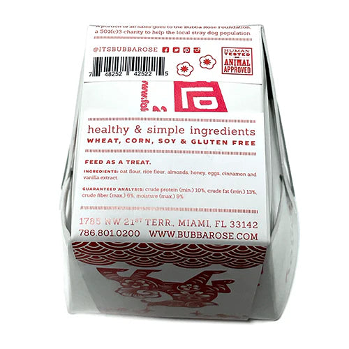 Back of a Bubbarose Dog Fortune Cookie packaging with text and branding