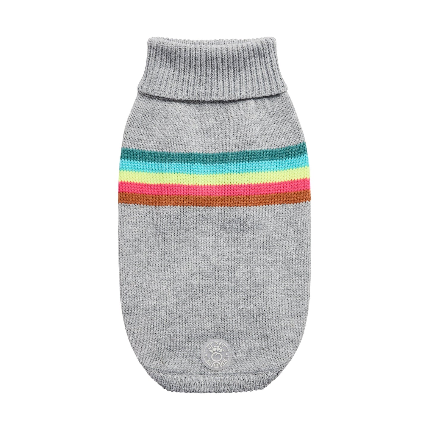 Gray turtleneck dog sweater with colorful stripes 
