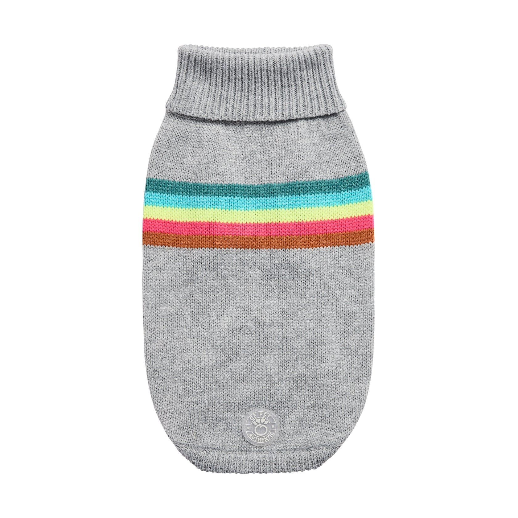 Gray turtleneck dog sweater with colorful stripes 