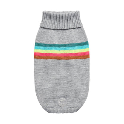 Gray turtleneck dog sweater with colorful stripes 