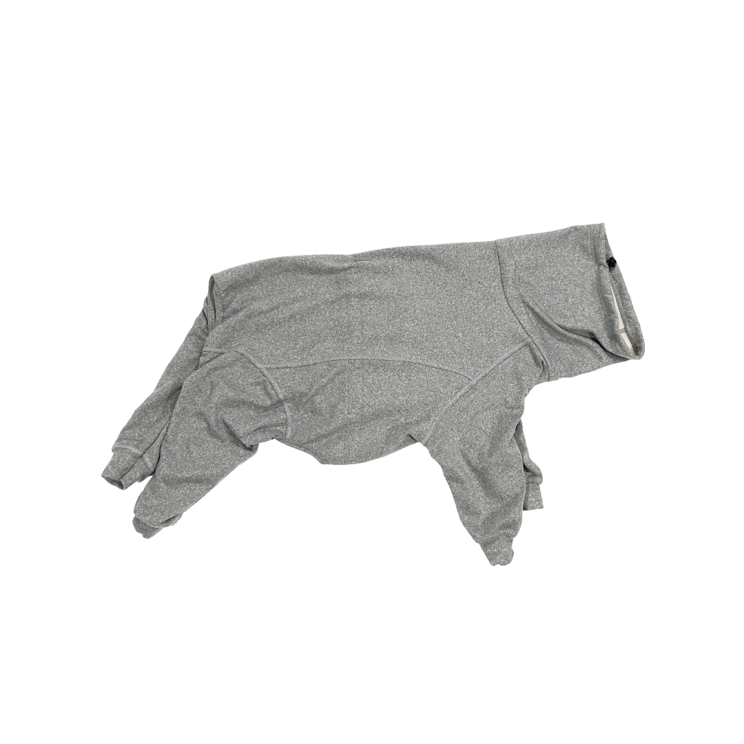 side view of a grey heather turtleneck onesie for dogs 