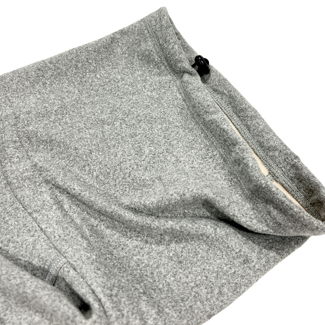 closeup of the neck opening of a grey heather turtleneck onesie for dogs 