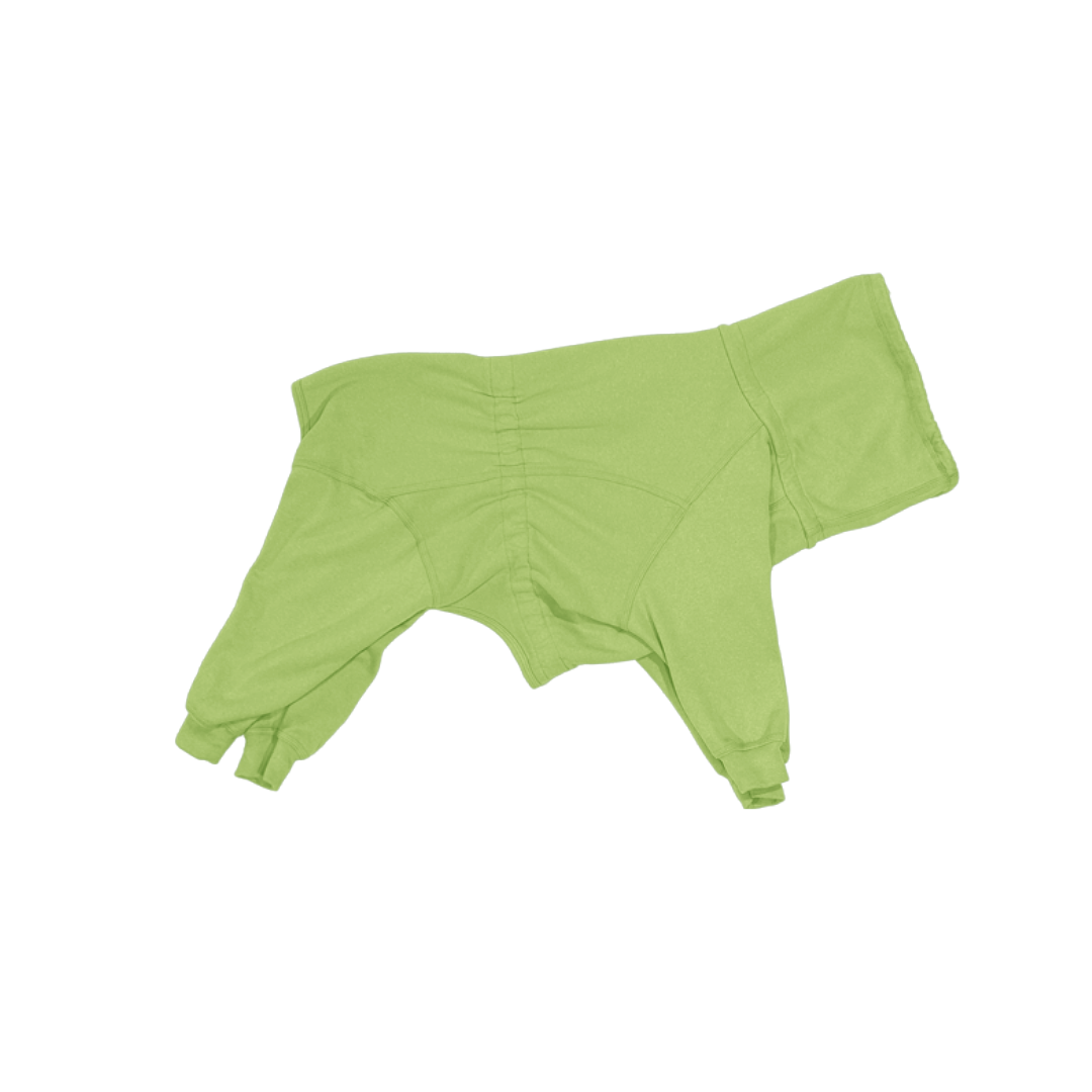 side view of a lime green turtleneck onesie for dogs 