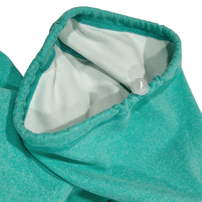 Close-up of the neck adjustment cord  on a turquoise fleece onesie for dogs