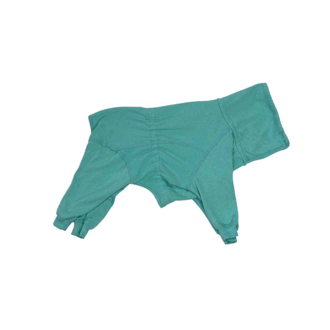 side view of a turquoise turtleneck onesie for dogs 