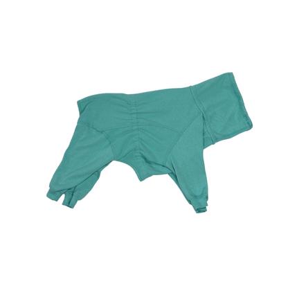 side view of a turquoise turtleneck onesie for dogs 