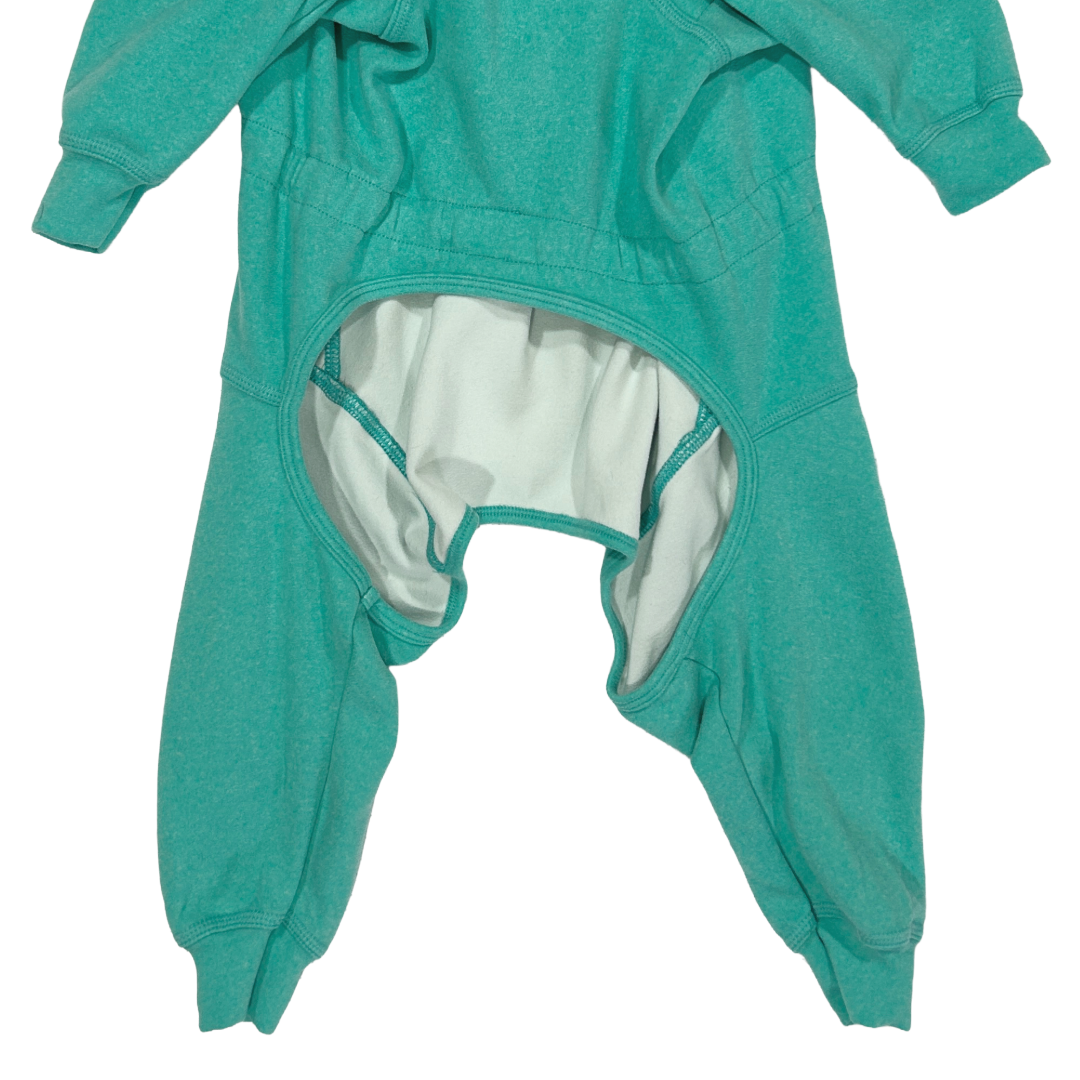 closeup of the lower underside and legs of a turtleneck onesie for dogs